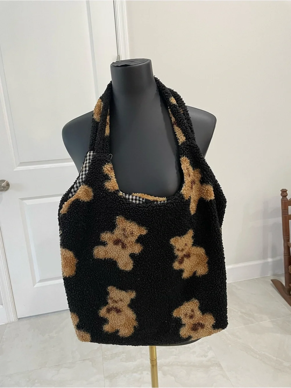 Fuzzy Teddy Bear Plush Tote Bag Sherpa Y2K Plaid Lining